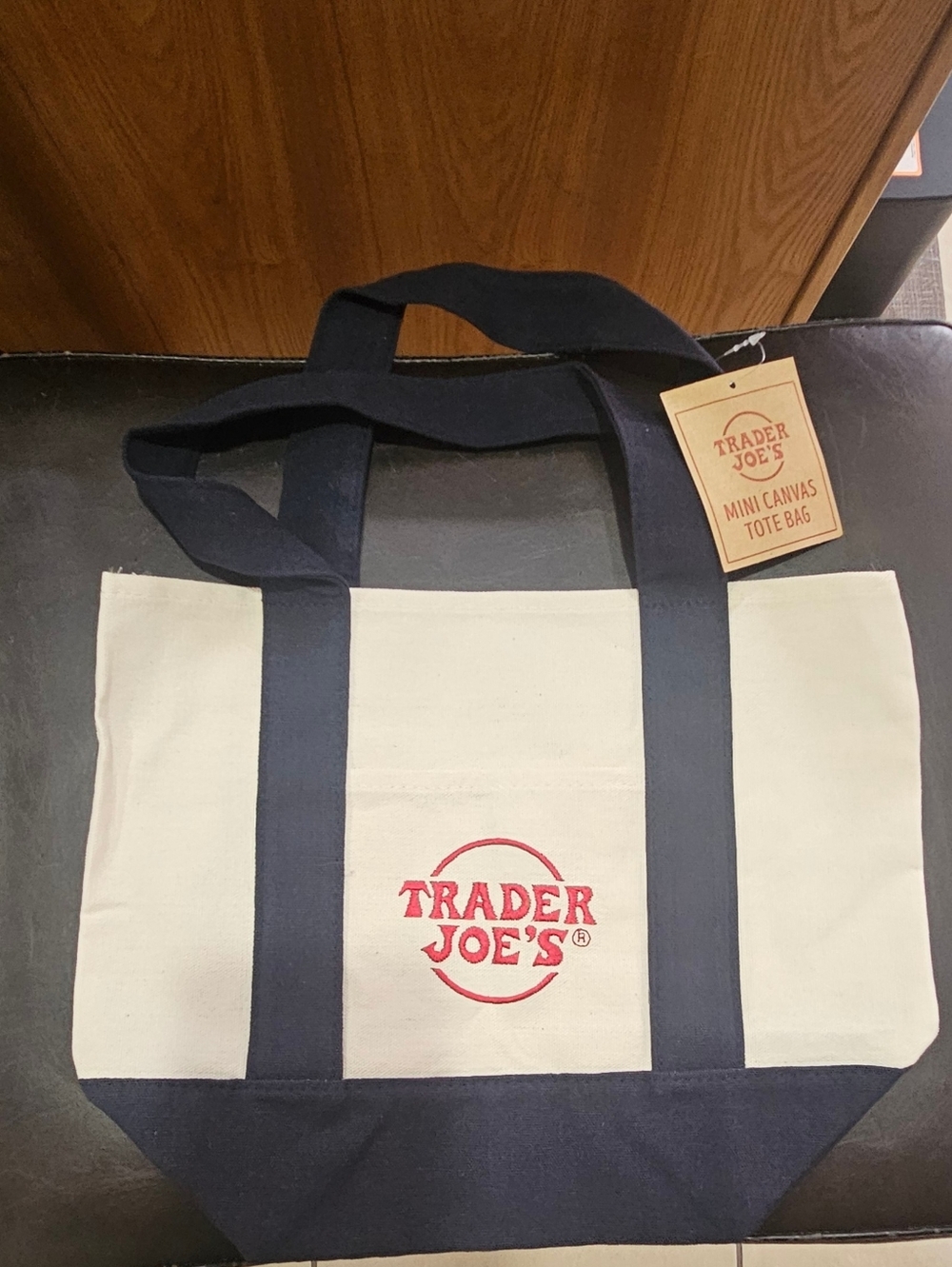 Trader Joe's Mini Canvas Tote Bag - Navy Blue & Cream